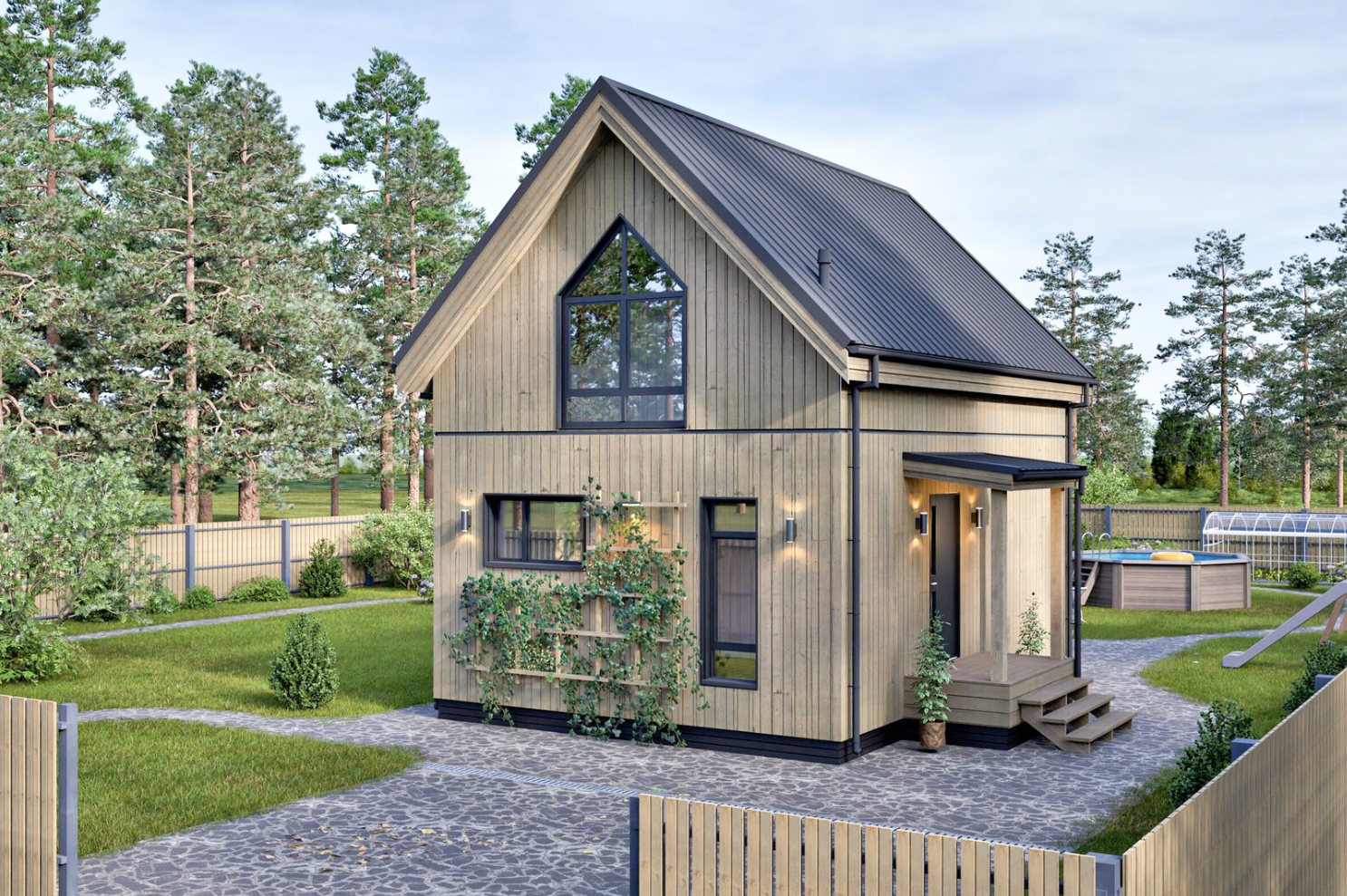 Przestronny salon w domu modułowym z dużymi oknami