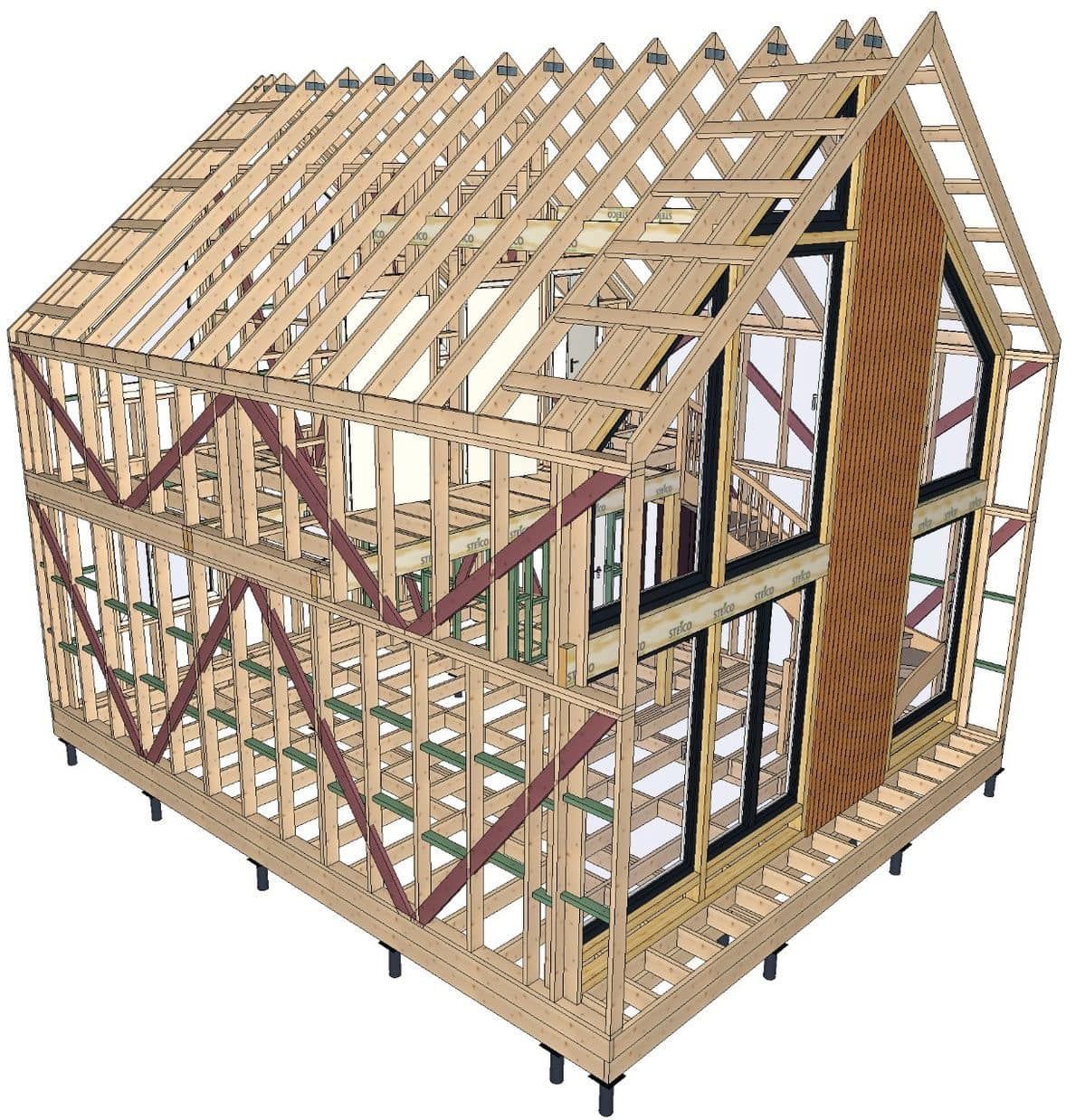 Szczegółowa wizualizacja konstrukcji domu szkieletowego: fundamenty, ściany nośne ze stężeniami, strop oraz więźba dachowa dwuspadowa